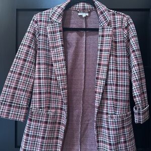 Maurices Maroon& Black Plaid Open-Front Blazer
